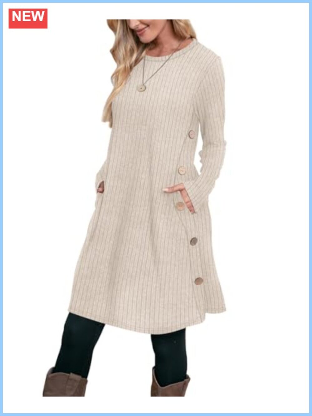 OFEEFAN Women's Long Sleeve Crew Neck Swing Dress with Pockets Fall Casual